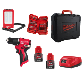 Taladro percutor subcompacto Milwaukee - M12BLPDRC-202C M12™ BRUSHLESS + Estuche de 48 piezas Shockwave ajusta a PACKOUT + IRFFL Linterna de área reca