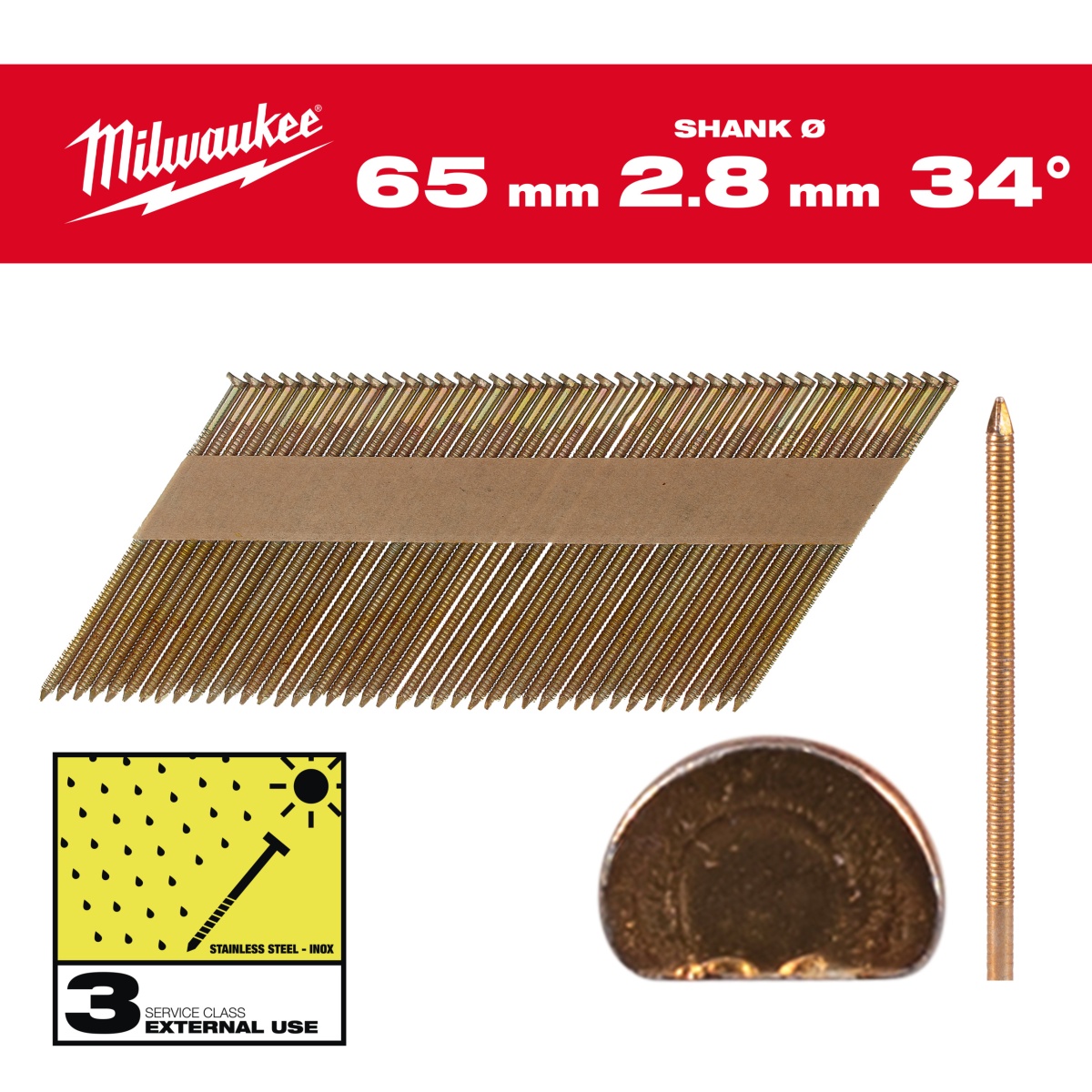 Clavos Milwaukee - 34° cabeza en D (media luna), 65 mm (2200uds)
