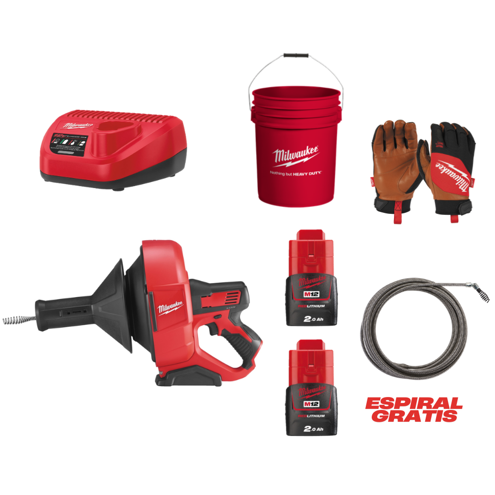 Desatascadora M12BDC8-202C M12™ + GUANTES DE PIEL HÍBR IDOS L/9 - 1 PAR + Espiral de 8mm x 7,6m con cabeza tipo barrena y pivotante