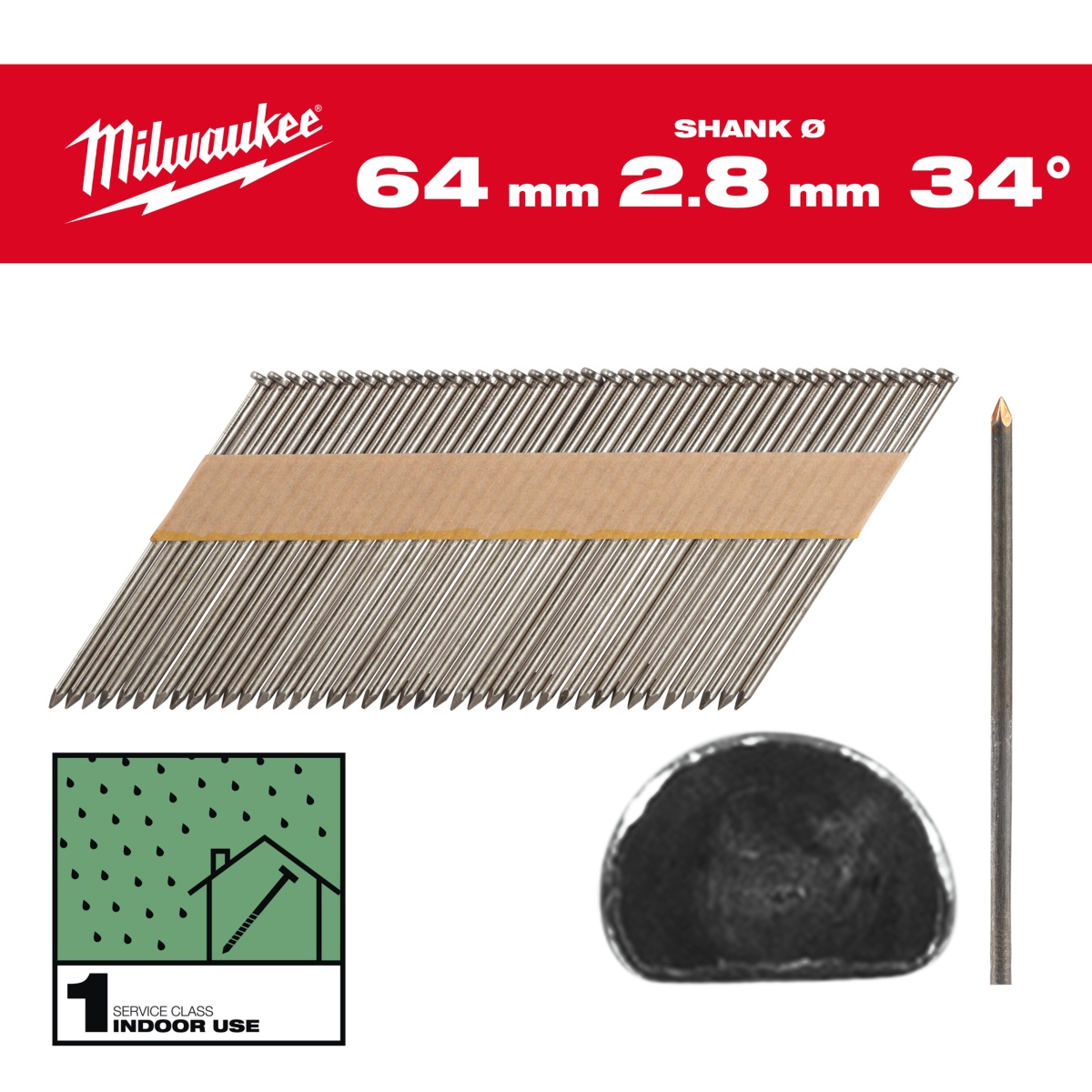 Clavos Milwaukee - 34° cabeza en D (media luna), 63 mm (2200uds)