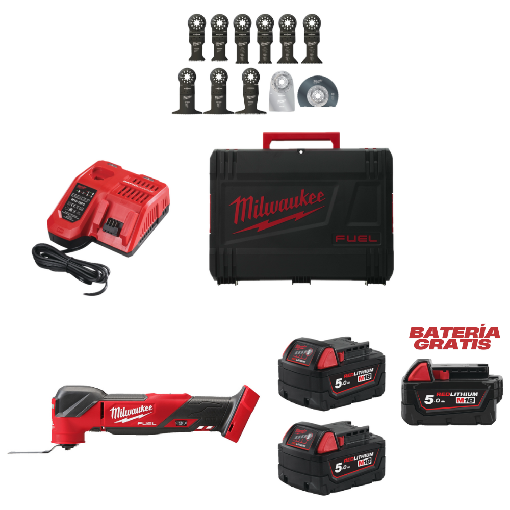 M18FMT-502X Multiherramienta M18 FUEL™+Juego de 11 cuchillas para multiherramienta general+M18B5 Batería M18™ REDLITHIUM™ 5.0Ah