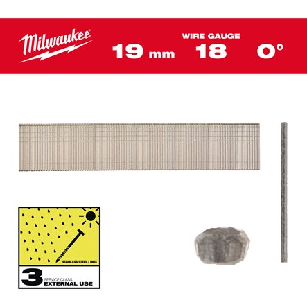 Clavos Milwaukee - 0° de acabado, 18G, cabeza fina, 19 mm (10000uds)