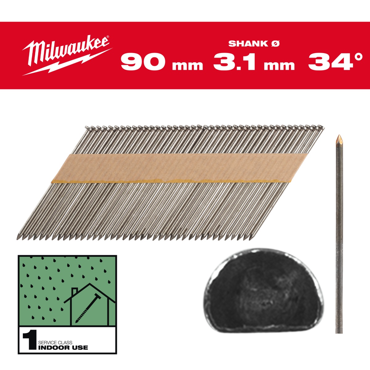 Clavos Milwaukee - 34° cabeza en D (media luna), 90 mm (2200uds)