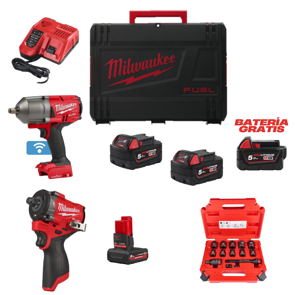 M18ONEFHIWF12-502X Llave de impacto de alto par M18 FUEL™ ONE-KEY™+M12 FCIWF12G3-0+Batería M12™ M12HB5 REDLITHIUM™ HIGH OUTPUT™ 5.0Ah+Estuche de 13 pi