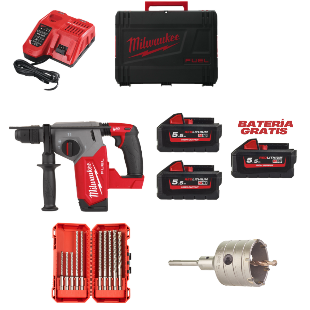 Martillo combinado M18FHX-552X SDS-Plus M18 FUEL™ + Estuche 10 brocas SDS-Plus MX4 - ajusta a PACKOUT + Set corona TCT SDS-Plus 68x182, husillo, broca