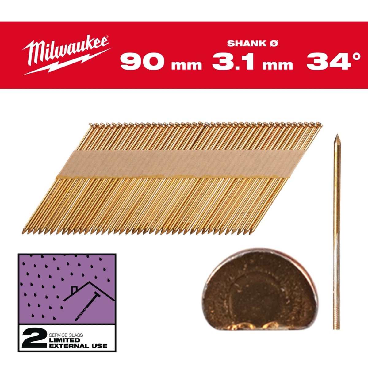 Clavos Milwaukee - 34° cabeza en D (media luna), 90 mm (2200uds)