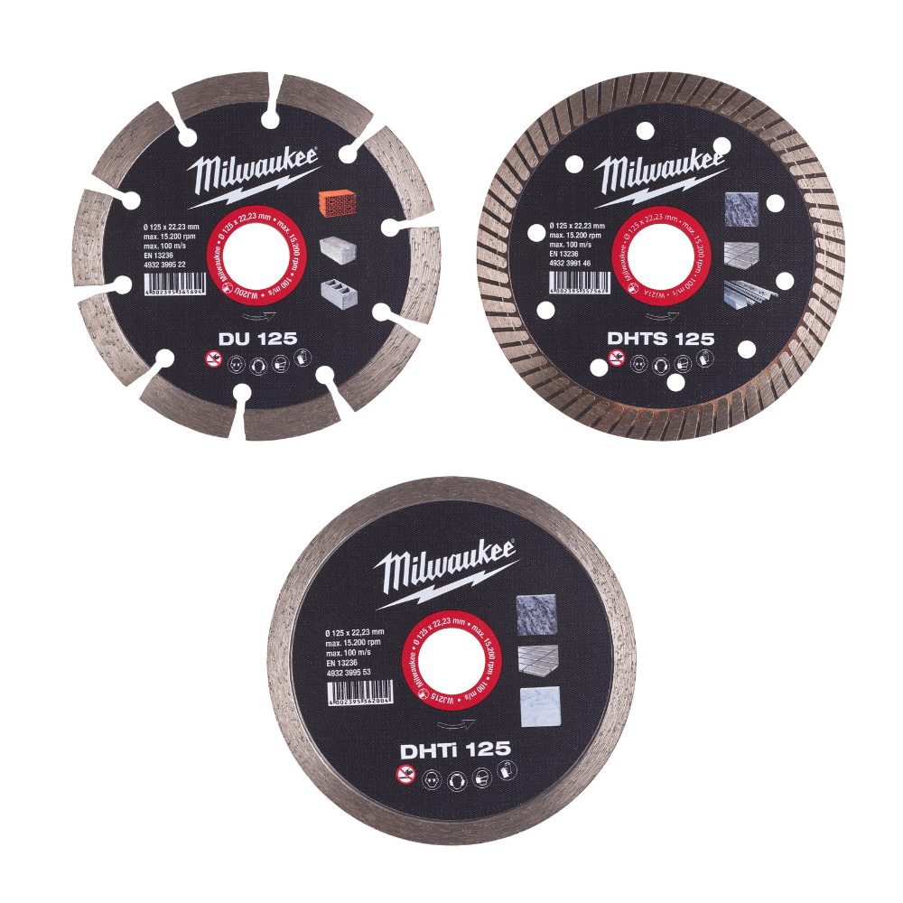 Disco diamante GENERAL OBRA - DU 125mm + Disco diamante TURBO Extrafino - DHTS 125mm 1,2mm + Disco diamante CONTINUO - DHTi 125mm