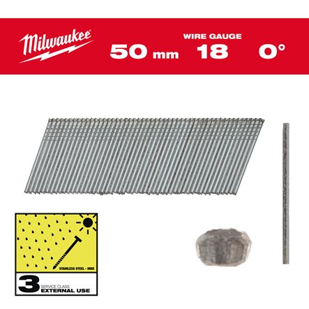 Clavos Milwaukee - 0° de acabado, 18G, cabeza fina, 50 mm (4000uds)