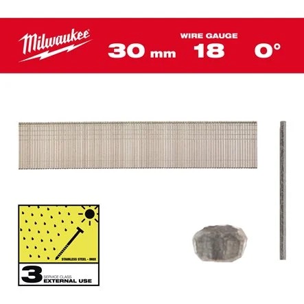 Clavos Milwaukee - 0° de acabado, 18G, cabeza fina, 30 mm (5000uds)
