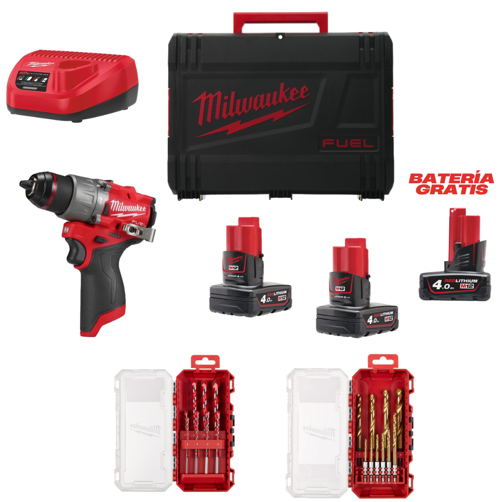 Taladro percutor subcompacto M12FPD2-402X M12 FUEL™ + Juego de brocas