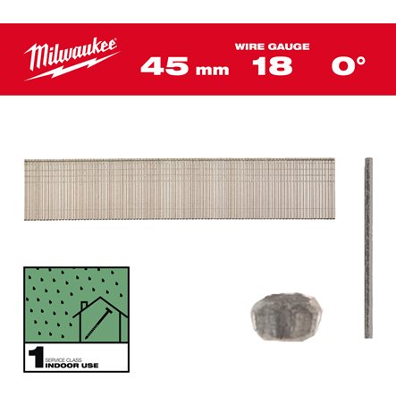 Clavos Milwaukee - 0° de acabado, 18G, cabeza fina, 45 mm (5000uds)