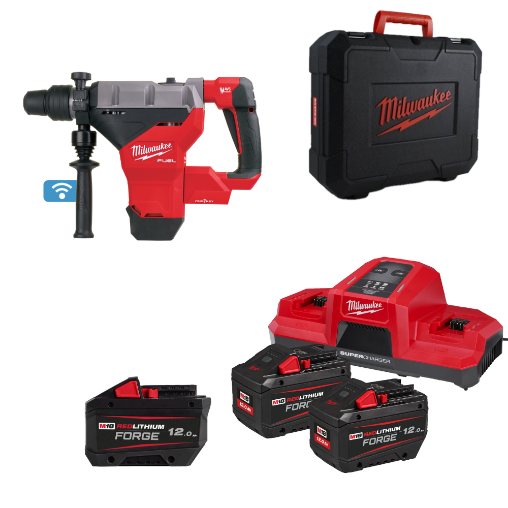 Martillo Milwaukee M18FHM-0C SDS-MAX FUEL™ ONE-KEY™ + Kit Baterías M18 FORGENRG-122DBSC + Batería M18FB12 FORGE™ 12.0Ah