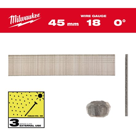 Clavos Milwaukee - 0° de acabado, 18G, cabeza fina, 45 mm (4000uds)