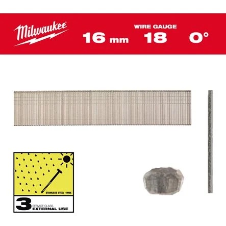 Clavos Milwaukee - 0° de acabado, 18G, cabeza fina, 16 mm (10000uds)
