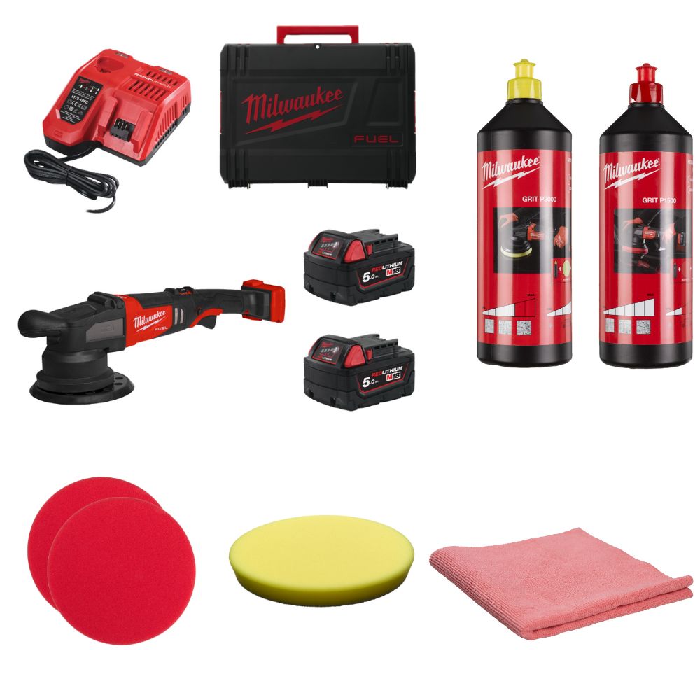 M18FROP21-502X Pulidora rotorbital M18 FUEL™+Pulimento de corte P1200 1l - ROJO+Pulimento fino P2000 1l - AMARILLO+Bayetas para usar con pulimento ROJ