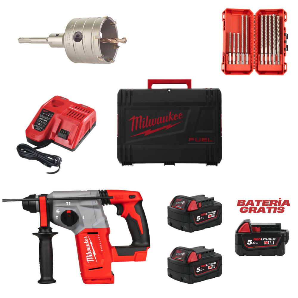 M18BLHX-502X Martillo combinado SDS-Plus sin escobillas M18™+Estuche 10 brocas SDS-Plus MX4 - ajusta a PACKOUT+Set corona TCT SDS-Plus 68x182, husillo