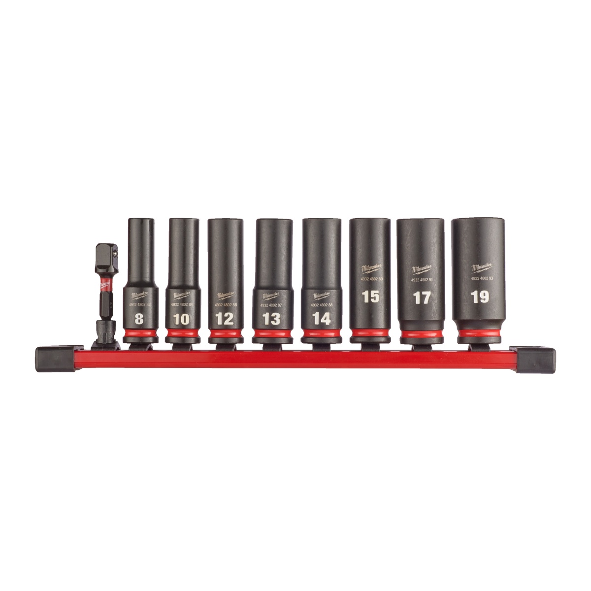 Juego de 8 vasos largos Shockwave Milwaukee de 3/8" y adaptador en soporte raíl